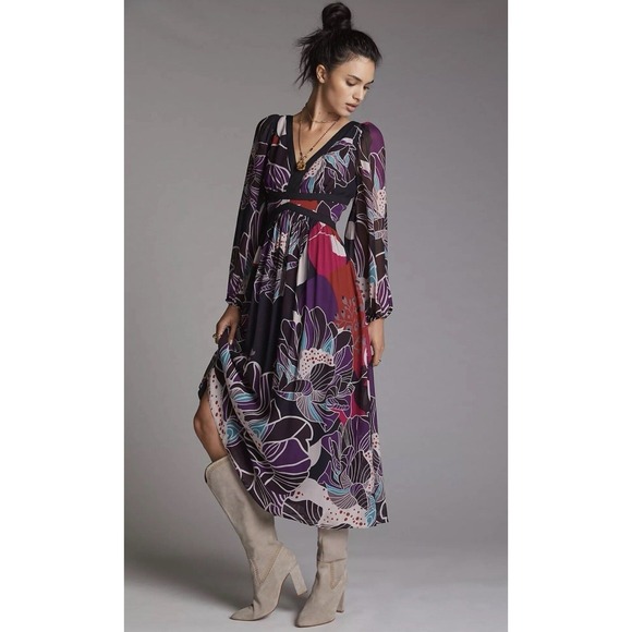 Anthropologie Dresses & Skirts - Anthropologie LET ME BE Floral Midi‎ Dress M Flowy Black Purple Party Wedding